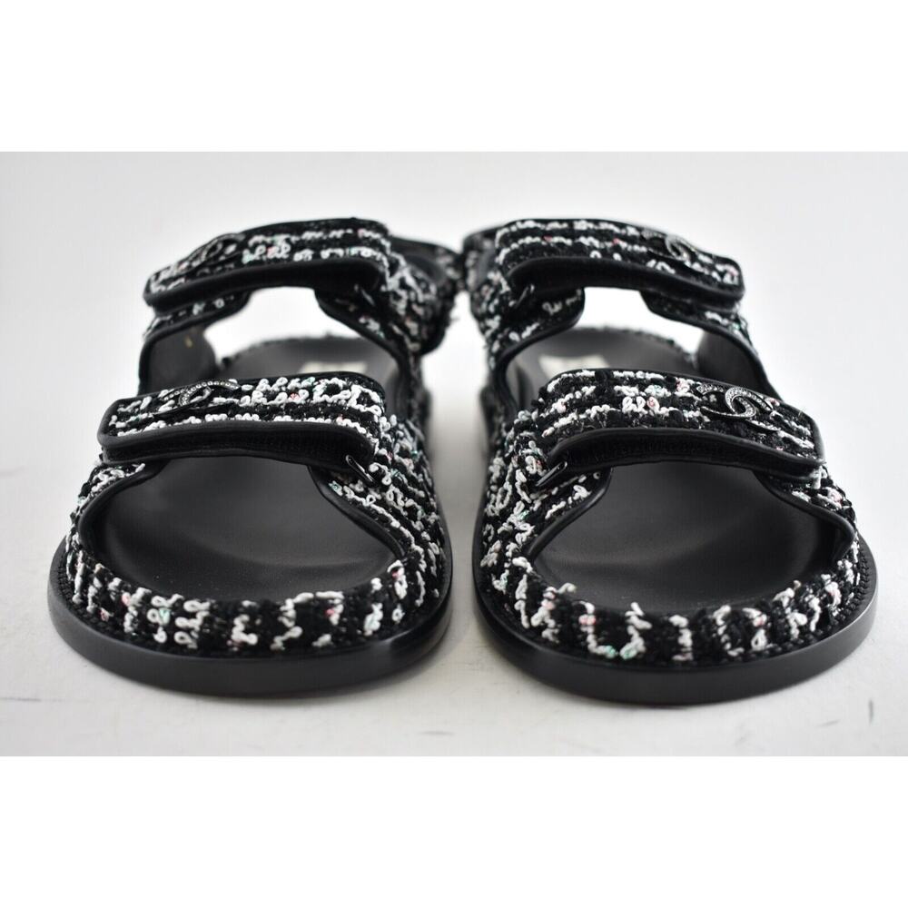 Chanel 22C Black White Tweed CC Logo Mule Slide Strap Flat Dad Teva Sandal 38.5 - Picture 6 of 11